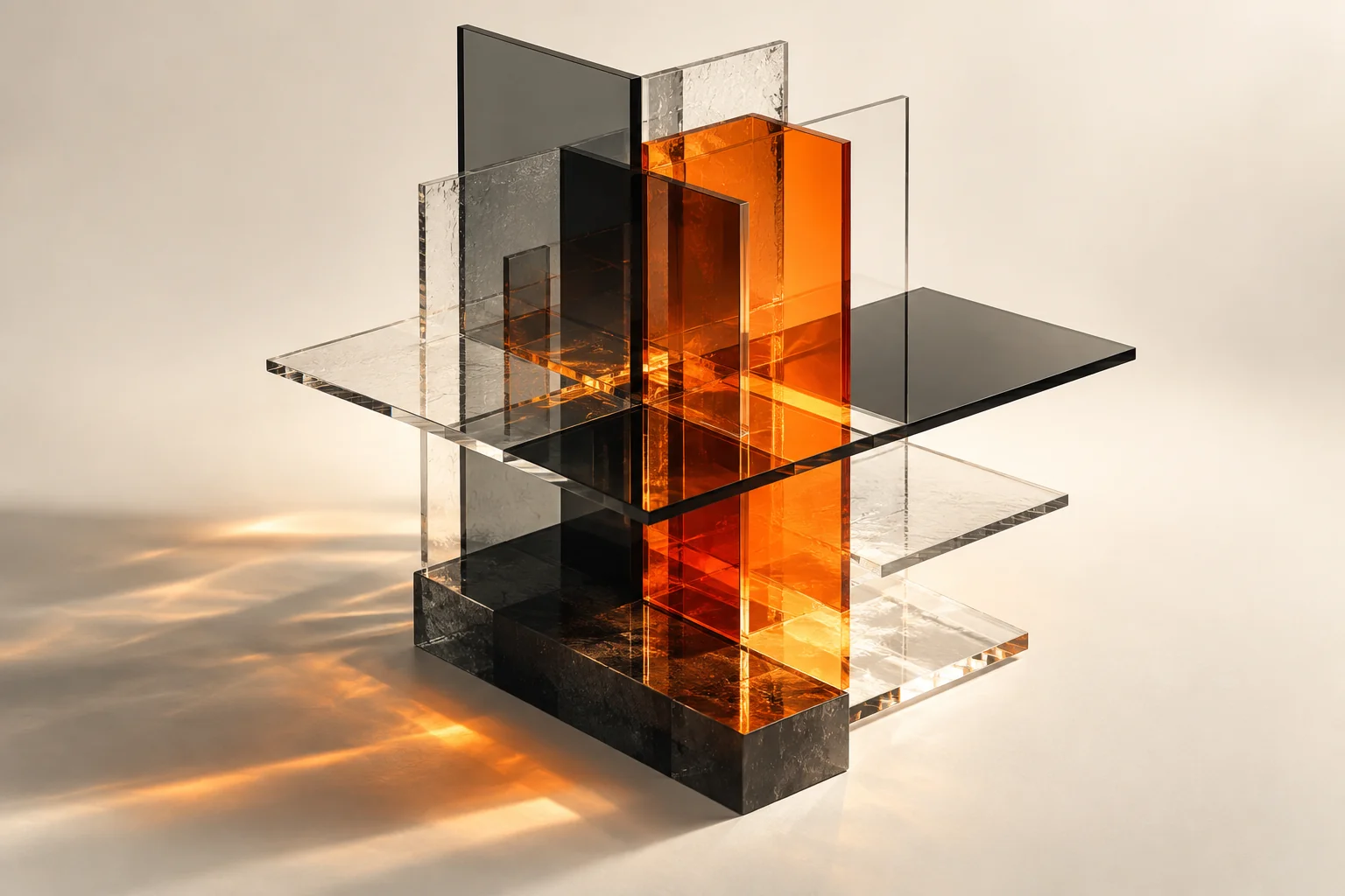 Layered orange glass elements: an illustration of knowledge built layer by layer